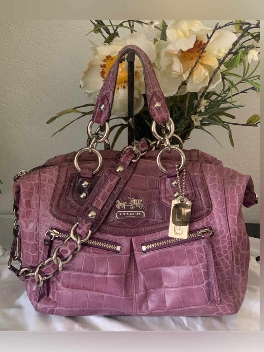 RARE HTF Coach Mauve Madison Audrey Croc-Embossed LeatherSatchel /Shoulder Bag
